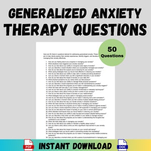 Generalized Anxiety Therapy Questions Therapy Tools Printable PDF Word Doc Check In Questions Digital Download Anxiety Counseling Questions