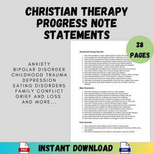 以下が含まれることがあります： 青と白の背景を持つ印刷可能なPDFドキュメント。このドキュメントには、不安、双極性障害、子供の頃のトラウマ、うつ病、摂食障害、家族の葛藤、悲しみと喪失など、さまざまな精神的な健康状態のリストが含まれています。このドキュメントには、キリスト教のセラピーの進捗状況のメモで使用できる、各状態に関するステートメントのリストも含まれています。