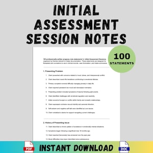 Puede incluir: Una descarga digital titulada "Initial Assessment Session Notes" con texto en negrita en negro. El documento incluye 100 declaraciones para terapeutas y consejeros. Un círculo verde muestra "100 Statements". Iconos PDF y DOC en la parte inferior.
