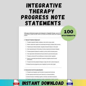 May include: A document titled "Integrative Therapy Progress Note Statements" with the text "100 Statements" in a green circle. The document includes sections on tailored treatment and assessment, with "Instant Download" text at the bottom.