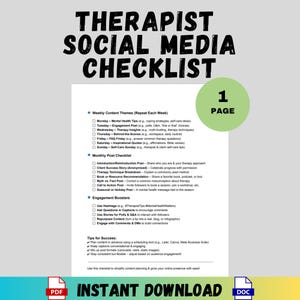 Therapist Social Media Checklist Printable PDF Editable Planner Digital Download Content Planning Tool Counselors Coaches Private Practice