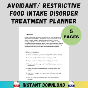 May include: A treatment planner for Avoidant/Restrictive Food Intake Disorder (ARFID). The document includes a definition, check-in questions, and is 5 pages long. The words "Instant Download" are at the bottom.
