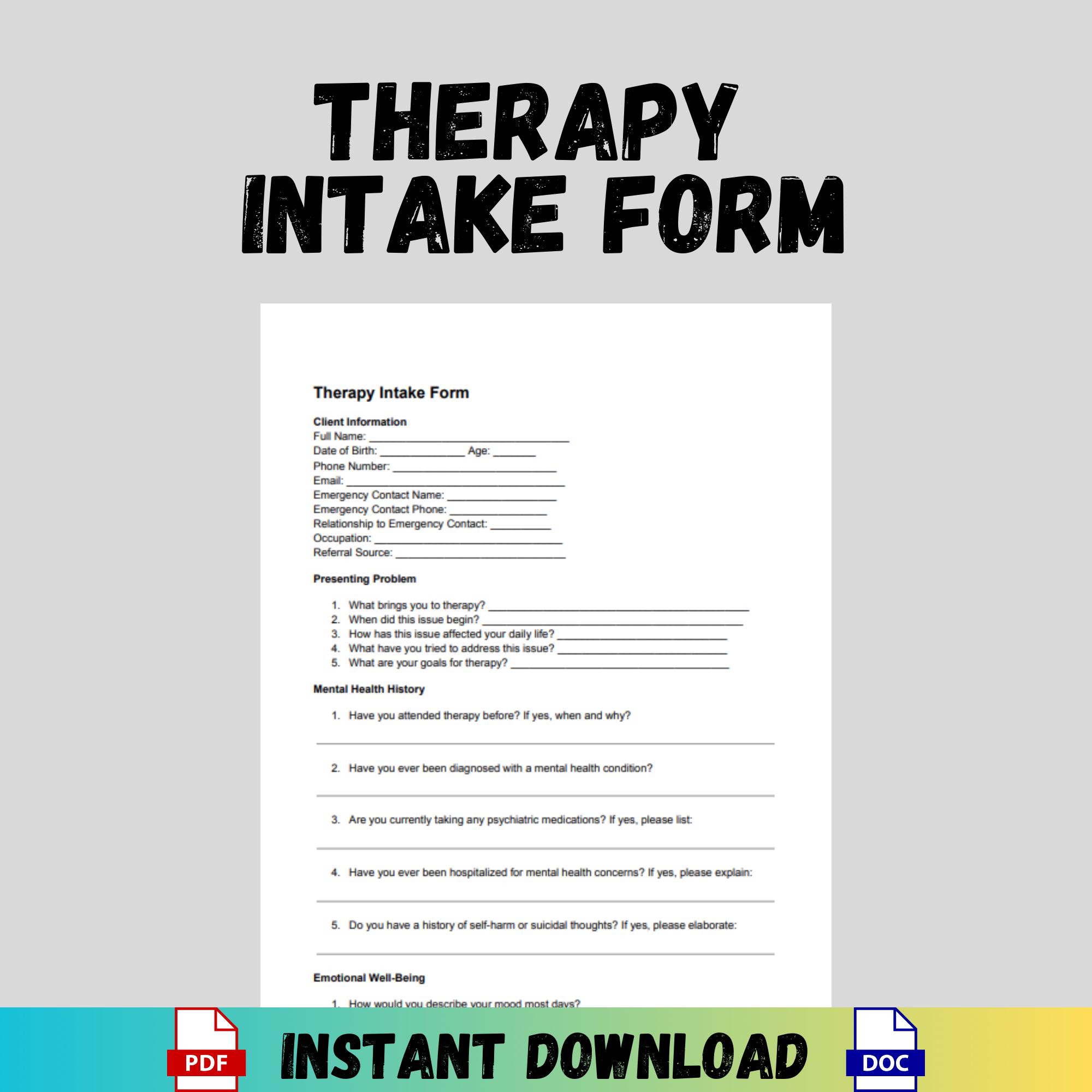 Therapy Intake Form Printable Counseling Client Intake Template Therapist Assessment PDF Editable Mental Health Intake Form Digital Download