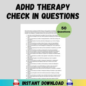 May include: ADHD Therapy Check-In Questions digital download. Includes 50 questions designed to help individuals with ADHD explore challenges, strengths, and strategies. Features a PDF and DOC file for instant download.