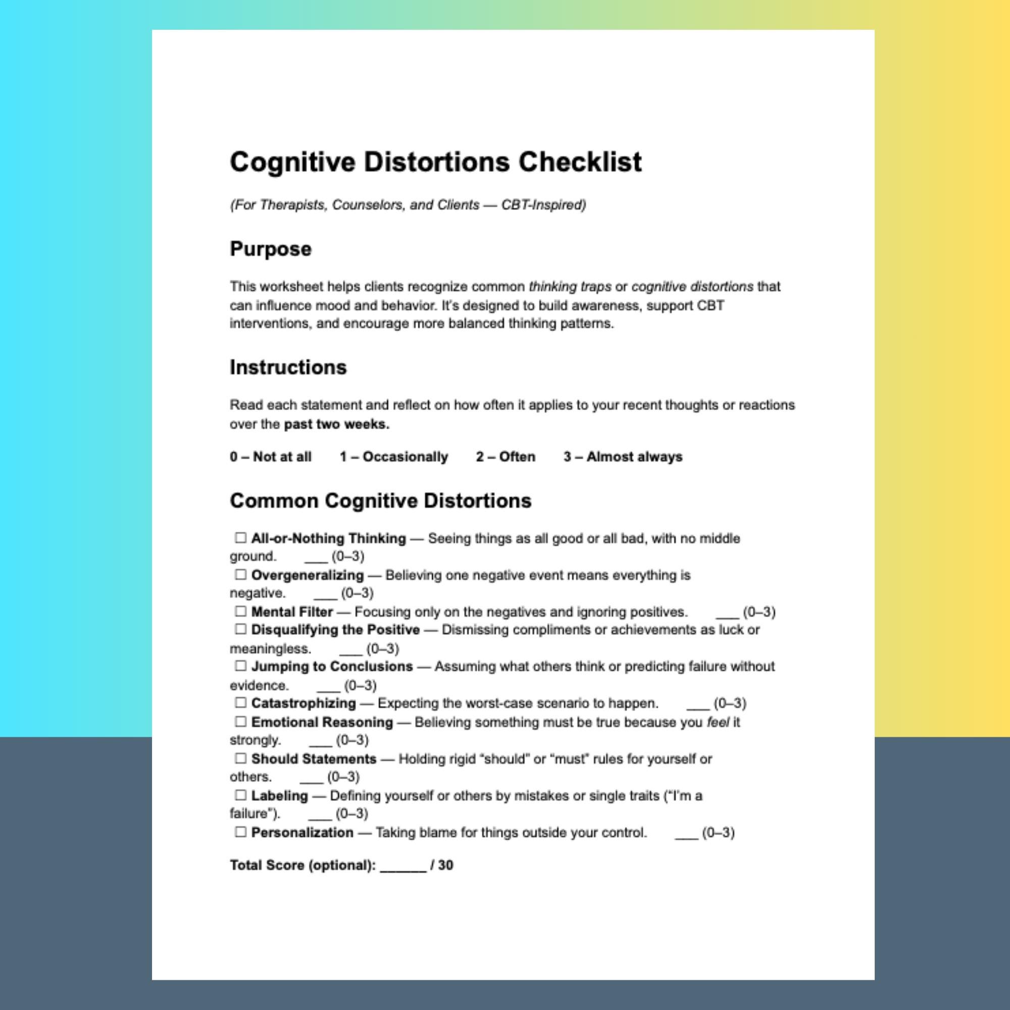 Cognitive Distortions Checklist Therapist Tool CBT Inspired Editable ...