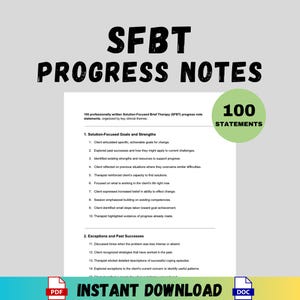 Pode incluir: Um documento branco com o texto "SFBT PROGRESS NOTES" em letras pretas grandes. O documento inclui uma lista de 100 declarações relacionadas à Terapia Breve Centrada na Solução. Um círculo verde com o texto "100 STATEMENTS" está à direita. As palavras "INSTANT DOWNLOAD" estão na parte inferior.