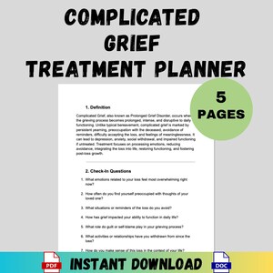 Op de afbeelding: Een behandelplanner getiteld "Complicated Grief" met de tekst "Treatment Planner" in vette zwarte letters. Het document bevat een definitie, check-in vragen en is 5 pagina's lang. De tekst "Instant Download" staat onderaan.