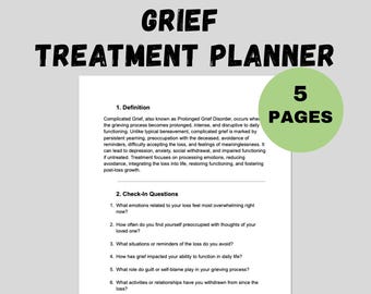 May include: A treatment planner titled "Complicated Grief" with the text "Treatment Planner" in bold black letters. The document includes a definition, check-in questions, and is 5 pages long. The words "Instant Download" are at the bottom.