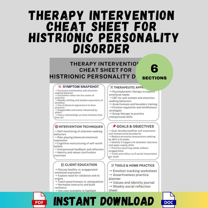 Histrionic Personality Disorder Therapy Interventions Cheat Sheet PDF ...
