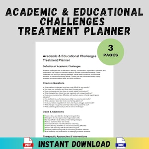 Pode incluir: Um planificador de tratamento imprimível para desafios acadêmicos e educacionais. O planificador é dividido em três seções: definição de desafios acadêmicos, perguntas de verificação e objetivos. O planificador também inclui uma seção sobre abordagens terapêuticas e intervenções. O planificador está disponível para download instantâneo nos formatos PDF e DOC.