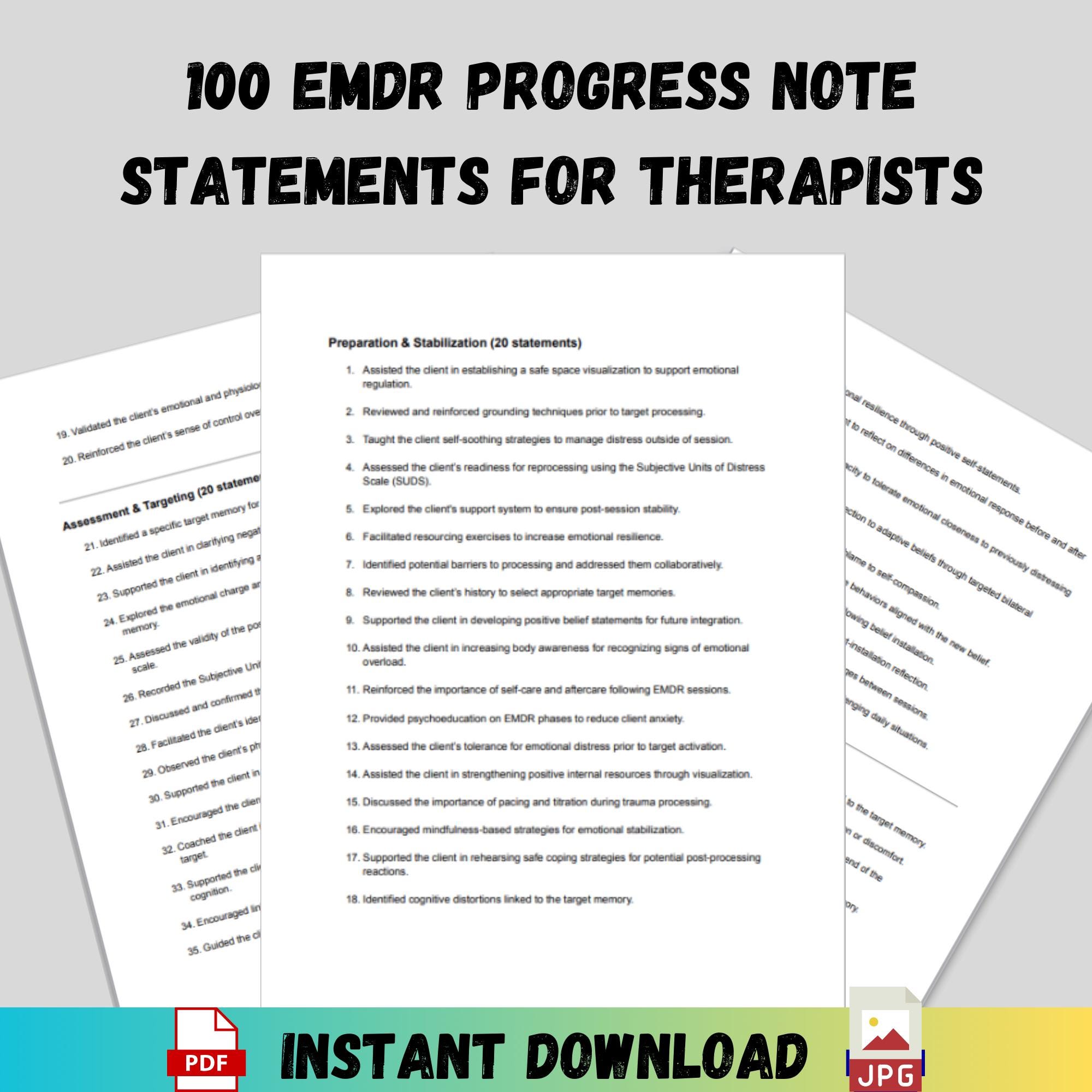EMDR Progress Note Statements for Therapists Counseling Tool for Trauma ...