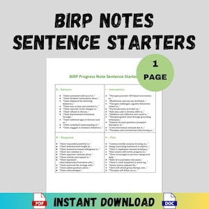Könnte beinhalten: Ein digitaler Download-Dokument mit dem Titel „BIRP Notes Sentence Starters“. Das Dokument ist ein einseitiger Leitfaden mit Abschnitten für Verhalten, Intervention, Reaktion und Plan. Das Dokument enthält eine PDF- und DOC-Dateidownload-Option.