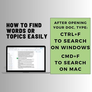 K&ouml;nnte beinhalten: Ein Laptop zeigt ein Dokument, neben einem gr&uuml;nen Rechteck mit dem Text "AFTER OPENING YOUR DOC, TYPE: CTRL+F TO SEARCH ON WINDOWS CMD+F TO SEARCH ON MAC". Das Bild enth&auml;lt auch den Text "HOW TO FIND WORDS OR TOPICS EASILY".
