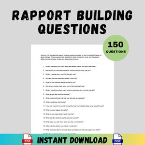 Könnte beinhalten: Ein weißes Papier mit dem Text "RAPPORT BUILDING QUESTIONS" in Schwarz. Es enthält 150 Therapiefragen, einen grünen Kreis mit "150 QUESTIONS" und die Worte "INSTANT DOWNLOAD".