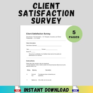 Puede incluir: Un documento blanco de Encuesta de Satisfacción del Cliente con el texto "CLIENT SATISFACTION SURVEY" en la parte superior. El documento incluye secciones para la información del cliente y las instrucciones. Un círculo verde indica "5 PAGES". La parte inferior de la imagen dice "DESCARGA INSTANTÁNEA".