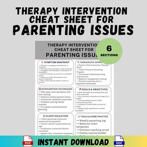 May include: A white cheat sheet titled "Therapy Intervention Cheat Sheet for Parenting Issues" with six sections. The sheet includes lists of symptoms, intervention techniques, goals, and tools. The words "Instant Download" are at the bottom.