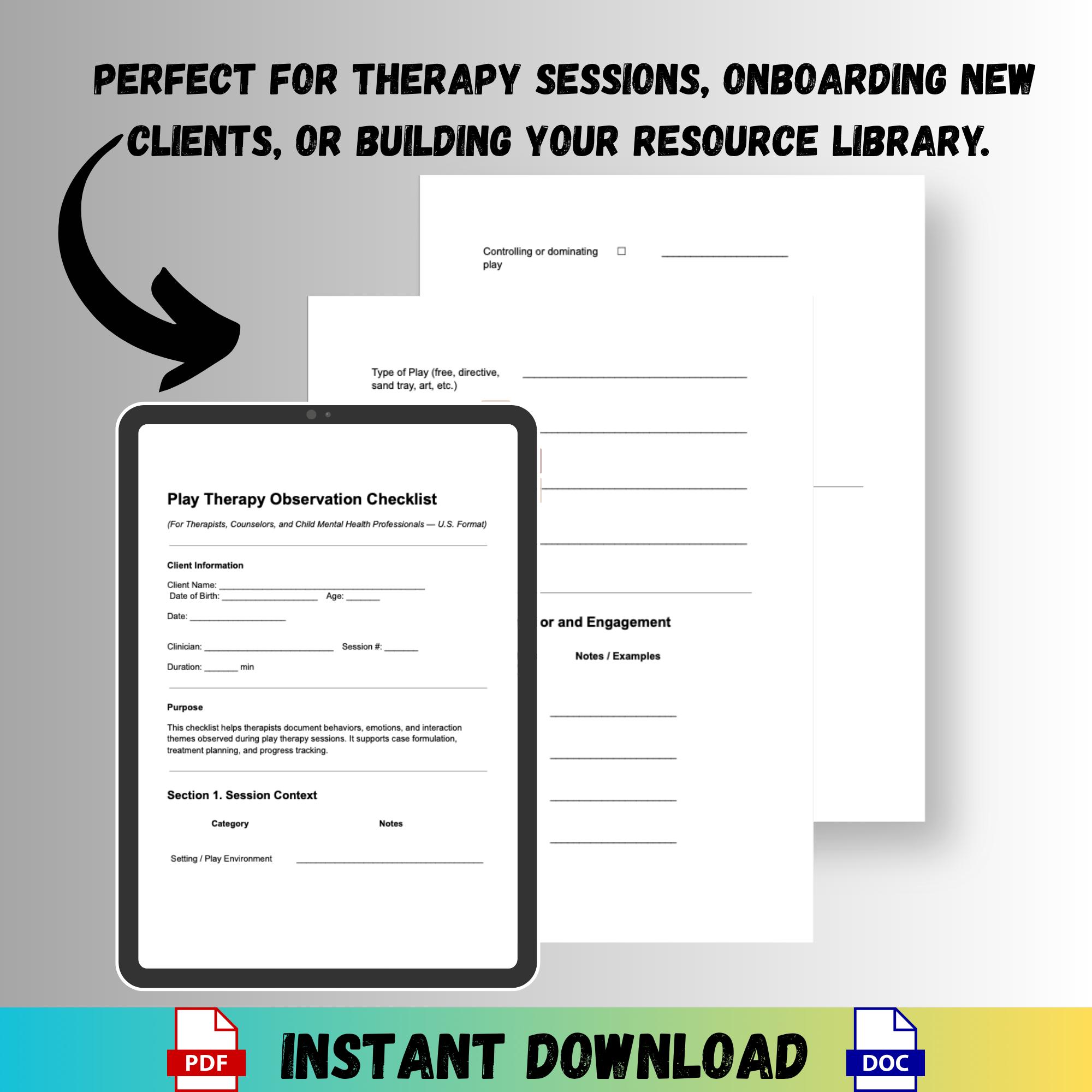 Play Therapy Observation Checklist Therapist Tool Editable PDF Word ...