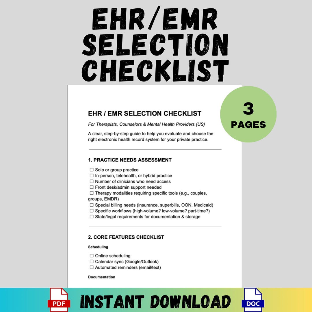 EHR EMR Selection Checklist Therapy Software Checklist Counseling ...