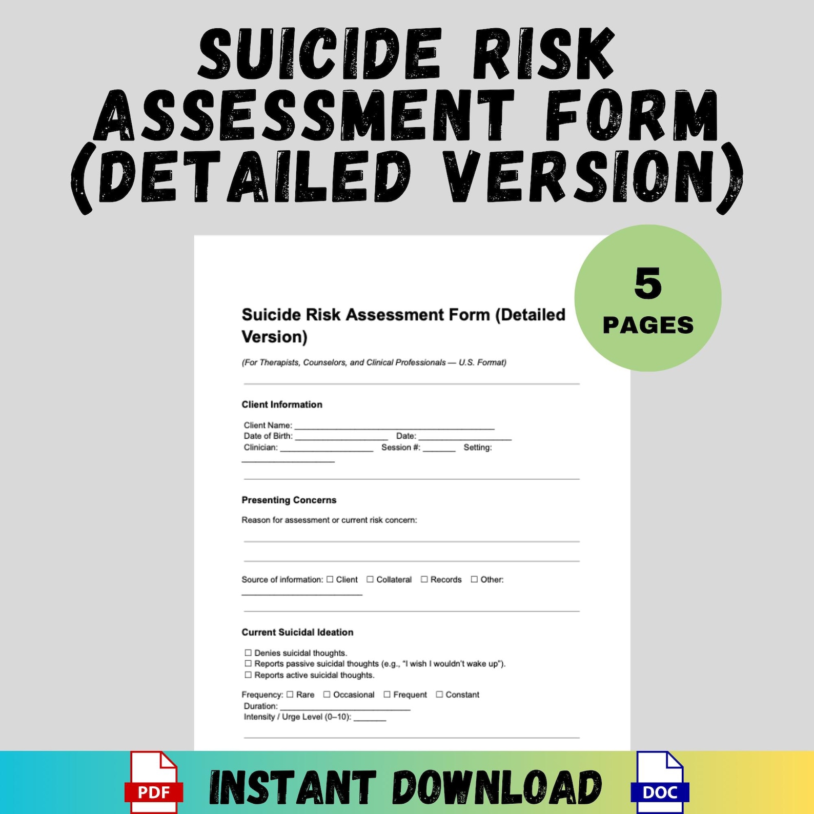 Suicide Risk Assessment Form Therapist Tool Editable PDF Word ...