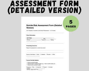 May include: A detailed suicide risk assessment form with sections for client information, presenting concerns, and suicidal ideation. The form is labeled "Detailed Version" and includes the text "Instant Download" with PDF and DOC icons. The form has 5 pages.