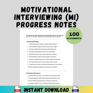 Può includere: Un documento intitolato "NOTE DI PROGRESSO DEL COLLOQUIO MOTIVAZIONALE (MI)" con 100 dichiarazioni. Il documento include sezioni sull'espressione dell'empatia e sullo sviluppo della discrepanza. Sono visibili anche le parole "DOWNLOAD IMMEDIATO" e le icone PDF e DOC.