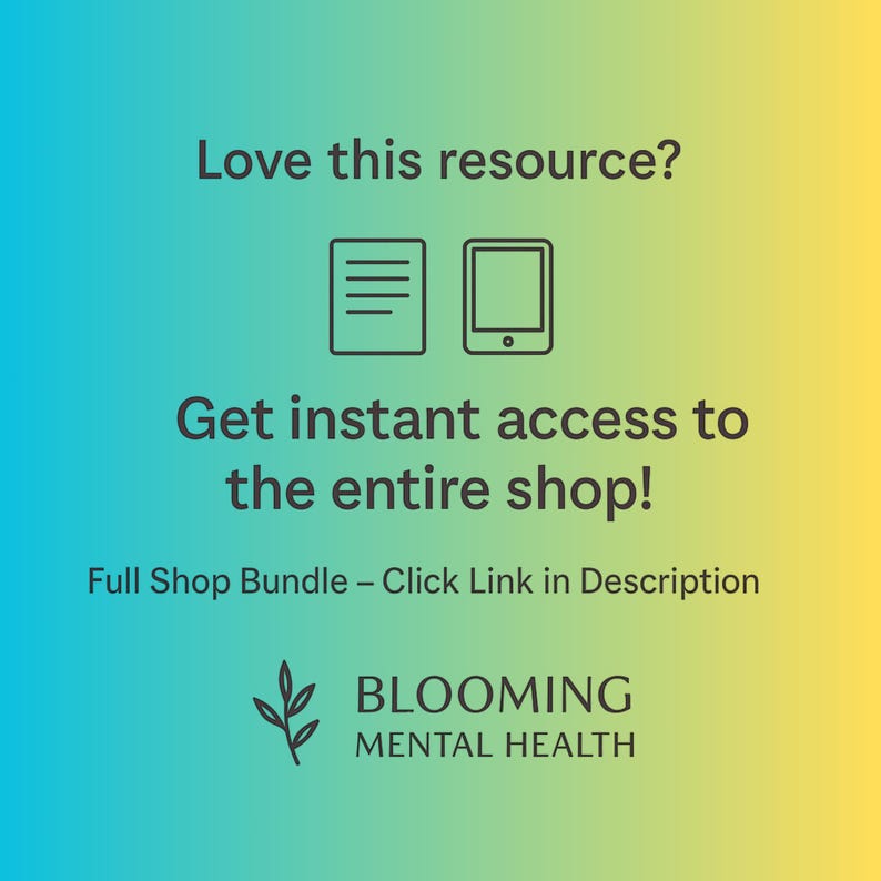 Puede incluir: Gr&aacute;fico promocional con un fondo degradado azul y amarillo. El texto dice "&iquest;Te gusta este recurso?" y "&iexcl;Obt&eacute;n acceso instant&aacute;neo a toda la tienda!" con iconos de un documento y una tableta. El logotipo de Blooming Mental Health est&aacute; en la parte inferior.