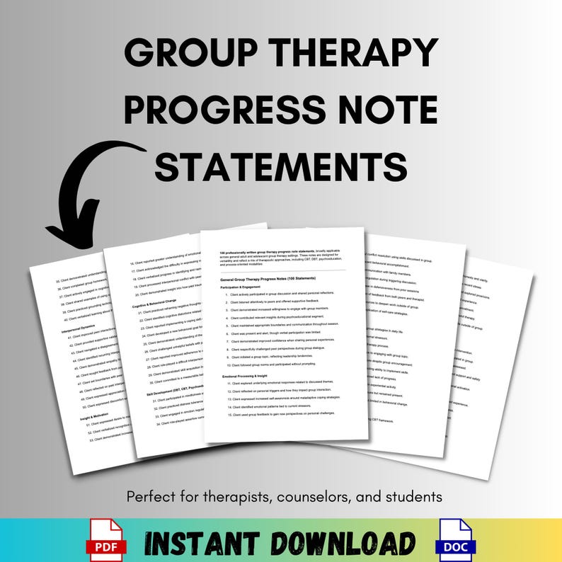 Group Therapy Progress Note Statements SOAP DAP Clinical Documentation ...