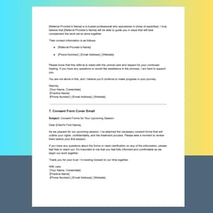 K&ouml;nnte beinhalten: Eine E-Mail-Vorlage f&uuml;r eine Einwilligungserkl&auml;rung f&uuml;r eine bevorstehende Sitzung mit einem Therapeuten oder Berater. Die E-Mail enth&auml;lt Informationen &uuml;ber die Einwilligungsformulare, die Vertraulichkeit und den Behandlungsprozess. Sie ermutigt den Klienten auch, sich bei Fragen zu melden.