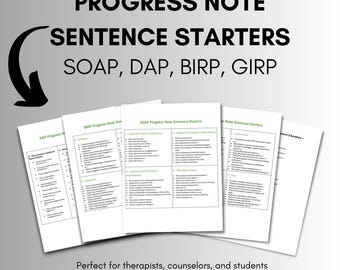 May include: A collection of white paper documents with the text "PROGRESS NOTE SENTENCE STARTERS" and acronyms SOAP, DAP, BIRP, and GIRP. The documents are labeled with the words "INSTANT DOWNLOAD" and "PDF" and "DOC".