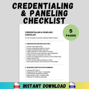 Op de afbeelding: Een witte checklist getiteld "Credentialing & Paneling Checklist" voor Amerikaanse therapeuten, counselors en professionals in de geestelijke gezondheidszorg. De checklist bevat voorbereidingsstappen en vereiste identificatienummers. Direct downloaden.