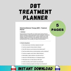 Puede incluir: Un planificador de tratamiento DBT con el título en letras negras grandes. El planificador incluye una definición de la Terapia Dialéctica Conductual, preguntas de control y un círculo verde con el texto "5 PAGES". La parte inferior de la imagen dice "DESCARGA INSTANTÁNEA".