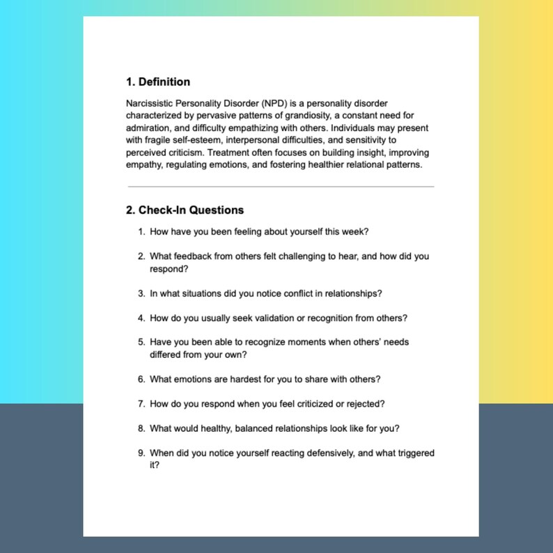 Npd Sample Questions Narcissistic Personality Disorder Treatment Planner Therapists NPD ...