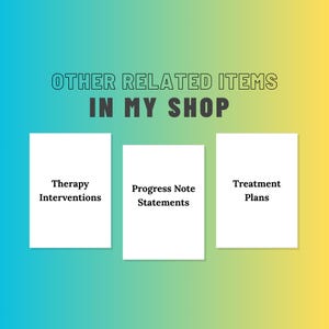 Puede incluir: Imagen con texto que dice "OTROS ART&Iacute;CULOS RELACIONADOS EN MI TIENDA". Debajo del texto hay tres rect&aacute;ngulos blancos con el siguiente texto: "Intervenciones de terapia", "Declaraciones de notas de progreso" y "Planes de tratamiento". El fondo es un degradado de azul, verde y amarillo.