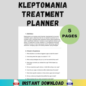 Puede incluir: Un planificador de tratamiento de la cleptomanía con el título en la parte superior. El planificador incluye una definición, preguntas de control y un círculo verde con "5 PAGES" en texto blanco. La parte inferior de la imagen dice "DESCARGA INSTANTÁNEA".