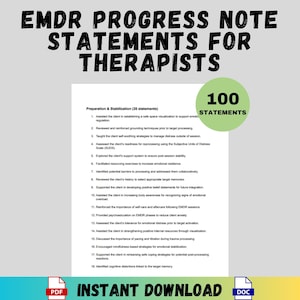 May include: A white document with the text "EMDR PROGRESS NOTE STATEMENTS FOR THERAPISTS" in black. The document includes 100 statements and the words "INSTANT DOWNLOAD" with PDF and DOC icons.