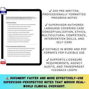 May include: A digital tablet shows a document with bullet points and text, including "100 pre-written, professionally formatted progress notes." Further text highlights supervisor-authored language, editable formats, and support for licensure.