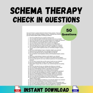 May include: A printable worksheet with 50 questions for Schema Therapy sessions. The worksheet is titled "Schema Therapy Check In Questions" and has a green box with the text "50 Questions" in the top right corner. The worksheet is designed to help clients explore and address maladaptive schemas, understand their emotional and work towards healthier patterns of thinking and behaviour.