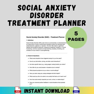 May include: A treatment planner for Social Anxiety Disorder (SAD) with the title "Social Anxiety Disorder Treatment Planner" in bold, black letters. The planner includes 5 pages and is available for instant download in PDF and DOC formats.