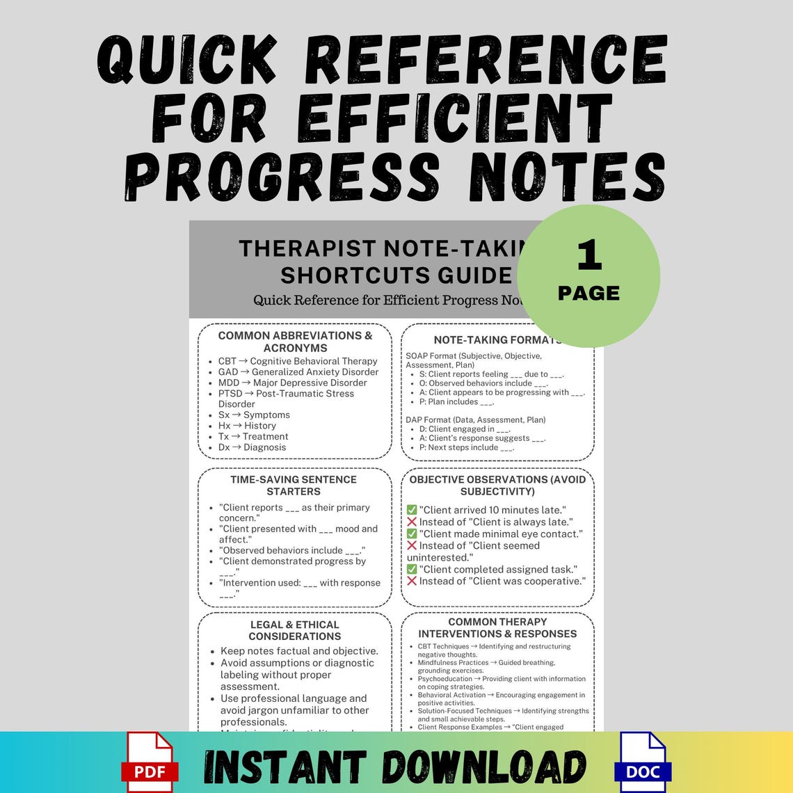 Therapist Note-taking Shortcuts Guide Progress Notes Quick Reference ...