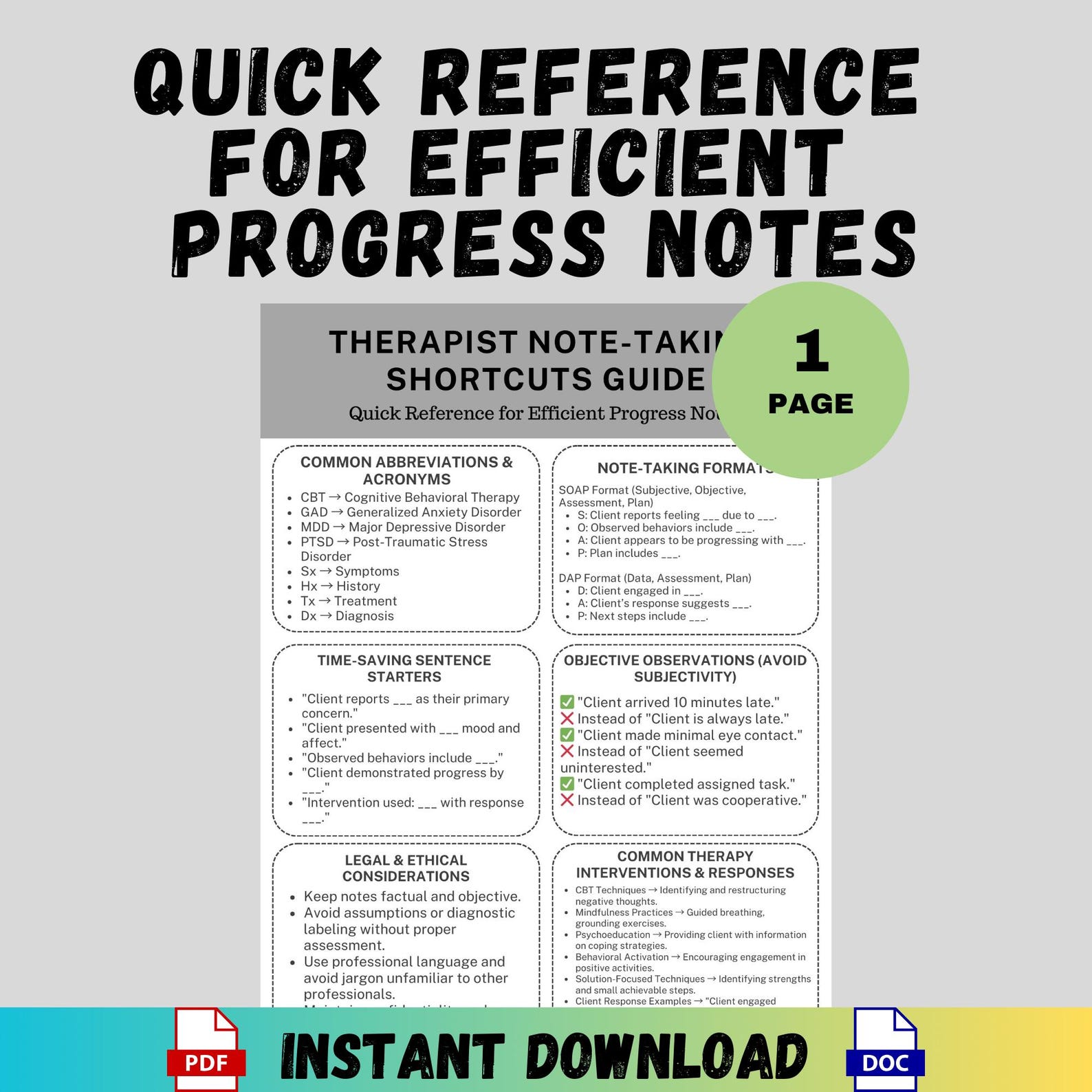 Therapist Note-taking Shortcuts Guide Progress Notes Quick Reference ...