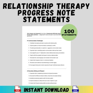 Notas de terapia de relacionamento Declarações de progresso Aconselhamento de casais PDF Word Ferramentas do terapeuta Documentação de saúde mental para impressão Download
