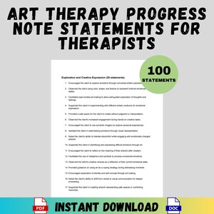 以下が含まれることがあります： 「アートセラピー進捗ノートステートメントセラピスト向け」というタイトルの印刷可能なドキュメント。このドキュメントには、アートセラピストがクライアントの進捗状況を記録する際に使用できる100のステートメントが含まれています。このドキュメントは、すぐにダウンロードできます。