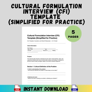 Może przedstawiać: Biały dokument zatytułowany "Cultural Formulation Interview (CFI) Template (Simplified for Practice)" z polami do wypełnienia dla informacji o kliencie. Dokument przeznaczony jest dla terapeutów i doradców. Zielone koło wskazuje "5 PAGES".