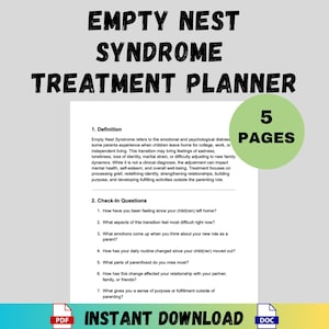 Könnte beinhalten: Ein digitaler Behandlungsplaner für das Empty-Nest-Syndrom. Das Dokument enthält eine Definition, Kontrollfragen und ist 5 Seiten lang. Der Text "Empty Nest Syndrome Treatment Planner" steht oben. Sofortiger Download.