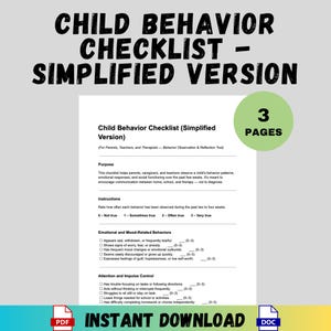 Puede incluir: Una lista de verificación de comportamiento infantil imprimible, versión simplificada, para padres, maestros y terapeutas. El documento incluye secciones sobre comportamientos emocionales y relacionados con el estado de ánimo, y control de la atención e impulsos. La imagen también incluye el texto "Descarga instantánea".