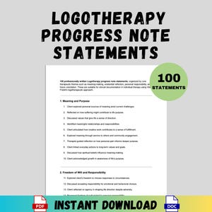 Könnte beinhalten: Ein digitaler Download mit 100 Logotherapie-Fortschrittsnotizen. Das Dokument enthält Abschnitte über Sinn und Zweck sowie Freiheit des Willens und Verantwortung. Der Titel lautet "Logotherapie Fortschrittsnotizen". PDF- und DOC-Symbole.