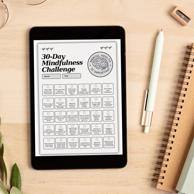 30 Day Mindfulness Challenge Printable Client Handout Mental Health ...