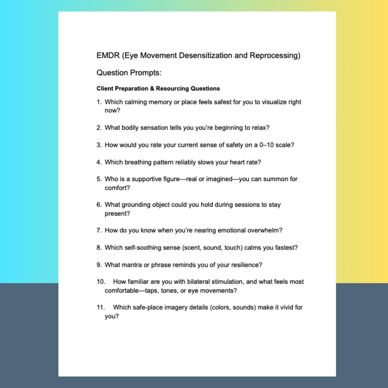 EMDR Therapy Questions for Trauma Processing Counselors Bilateral ...