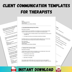 K&ouml;nnte beinhalten: Ein digitaler Download von druckbaren Client-Kommunikationsvorlagen f&uuml;r Therapeuten. Die Vorlagen umfassen eine K&uuml;ndigungs-/Umplanungsrichtlinie, ein Update zur Zusammenfassung des Behandlungsplans und eine E-Mail-Abdeckung f&uuml;r das Einverst&auml;ndnisformular.