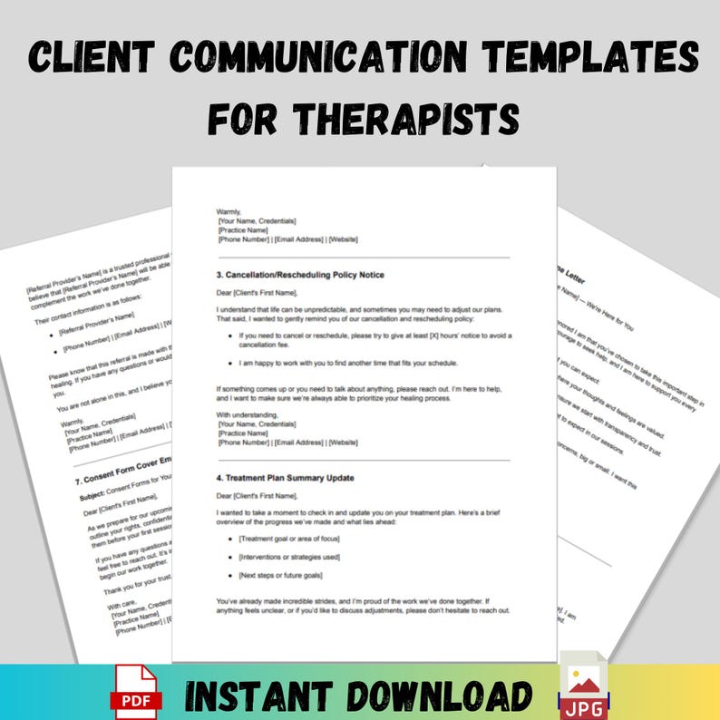 K&ouml;nnte beinhalten: Ein digitaler Download von druckbaren Client-Kommunikationsvorlagen f&uuml;r Therapeuten. Die Vorlagen umfassen eine K&uuml;ndigungs-/Umplanungsrichtlinie, ein Update zur Zusammenfassung des Behandlungsplans und eine E-Mail-Abdeckung f&uuml;r das Einverst&auml;ndnisformular.